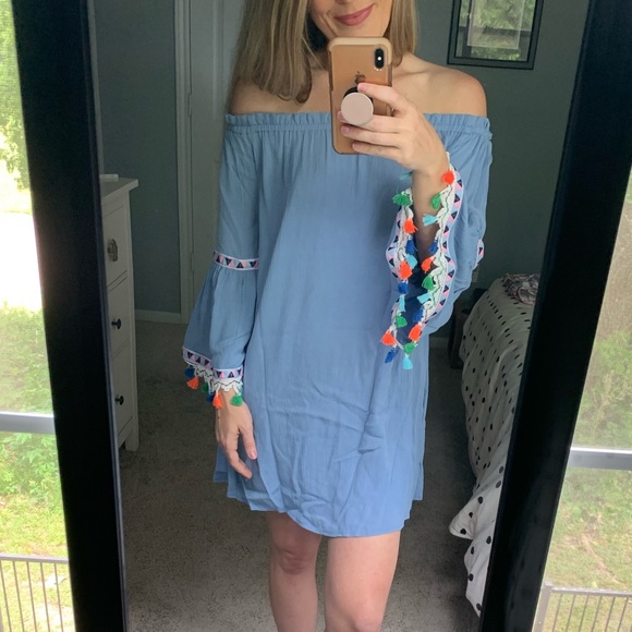 ASOS Blue Off Shoulder Dress w/Rainbow Tassels - Picture 3 of 8